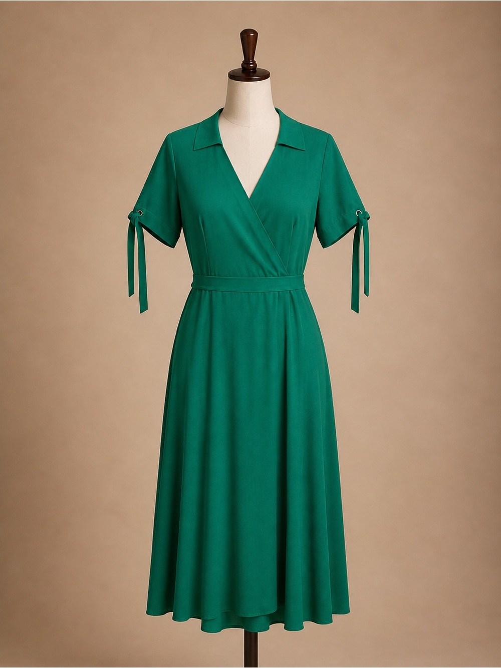 Sharagano Emerald Green Collared Wrap Midi Dress